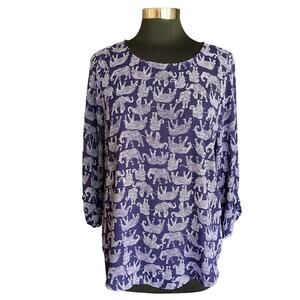 Mix by 41 Hawthorn Elephant Print Navy Top Novelty Print Boho Contemporary MED